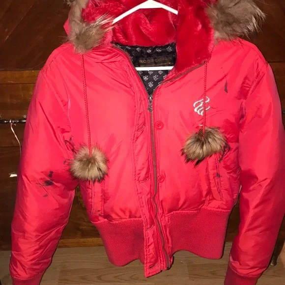 COPY Red Rocawear winter coat with gold symbols and tan faux fur hood n  Pom P…